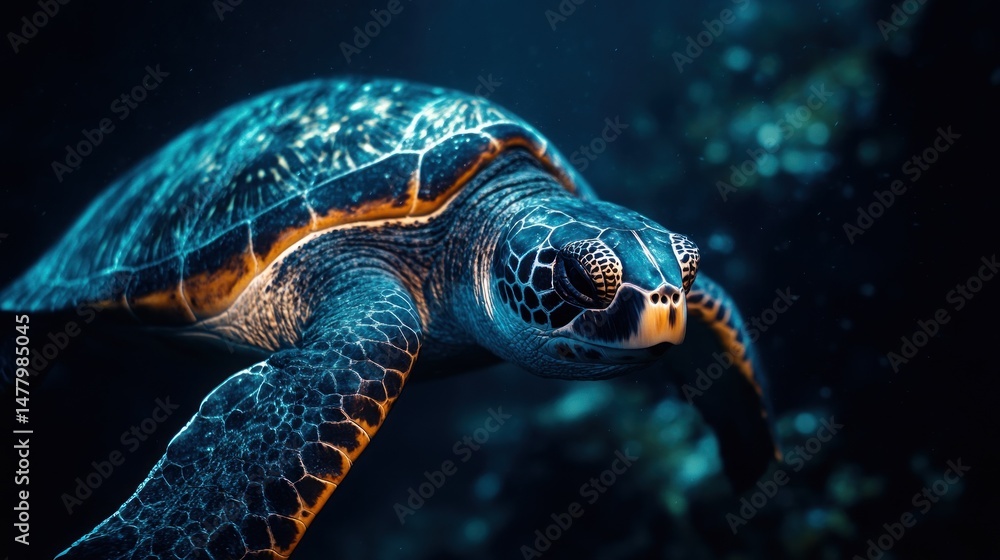 Fototapeta premium Dark blue sea turtle close up