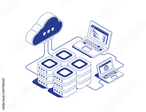 Cloud server management system with connected server racks, laptops and cloud storage icon linked by data flows and cables in isometric line contour vector illustration.