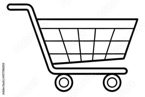 Black Outline of Shopping Cart with Wheels, Handle, and Basket Grids