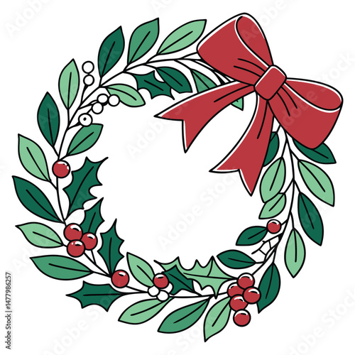 Traditional holiday Wreath with greenery and red ribbon