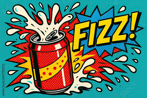 Pop art style explosion of soda can with fizz and splash effect in bright comic book background