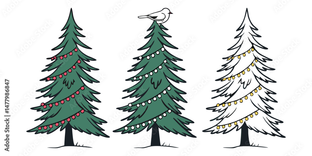 Obraz premium Festive Christmas trees with lights and snowy