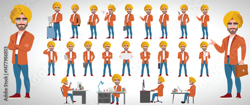 Man Character design. Front, side, back view and explainer animation poses. Character set with lip sync and facial expressions of Happy, angry, sad, Joy with Side walk cycle animation sequence sprite 