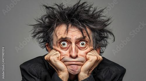 A man with wild disheveled hair looks tired and stressed holding his face with his hands in desperation.