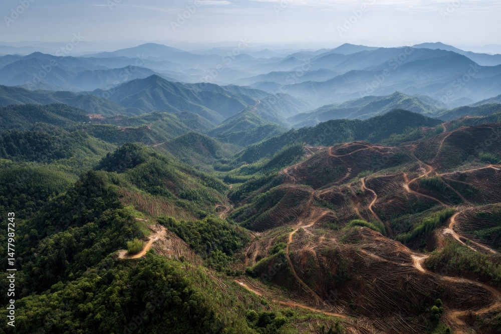 Fototapeta premium Deforested mountain range aerial view