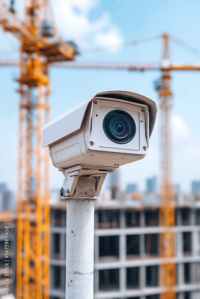 Security camera overlooking a construction site, ensuring safety and monitoring progress with cranes and urban development in the background. Security camera overlooking a construction site, ensuring safety and monitoring progress with cranes and urban development in the background.
