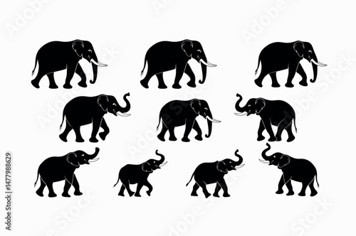 Collection of Silhouetted Elephants in Various Poses