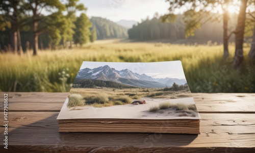 Blank landscape booklet mockup on rustic wood, blurred nature background, booklet, shadow