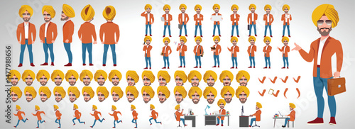 Man Character design. Front, side, back view and explainer animation poses. Character set with lip sync and facial expressions of Happy, angry, sad, Joy with Side walk cycle animation sequence sprite 