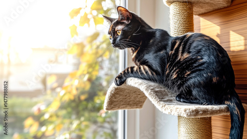 Black domestic cat lounging on cozy scratching post beside sunlit window with green foliage on background. Concept of indoor comfort for pets and the joy of natural light in living spaces. Copy space