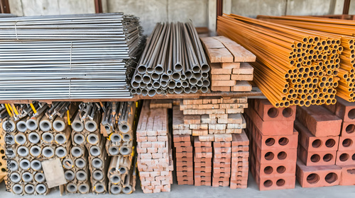 Assorted construction materials stacked on shelves.  Metal pipes, steel beams, lumber, and bricks are neatly organized.  A variety of sizes and colors
