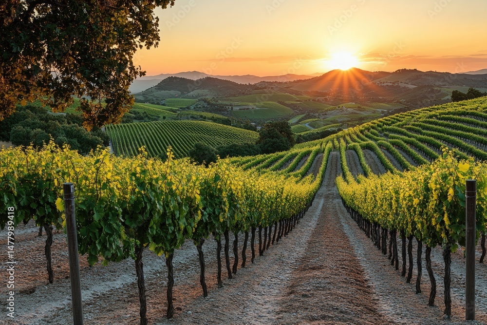 Fototapeta premium Beautiful vineyard landscape showing rows of green vines at sunset time