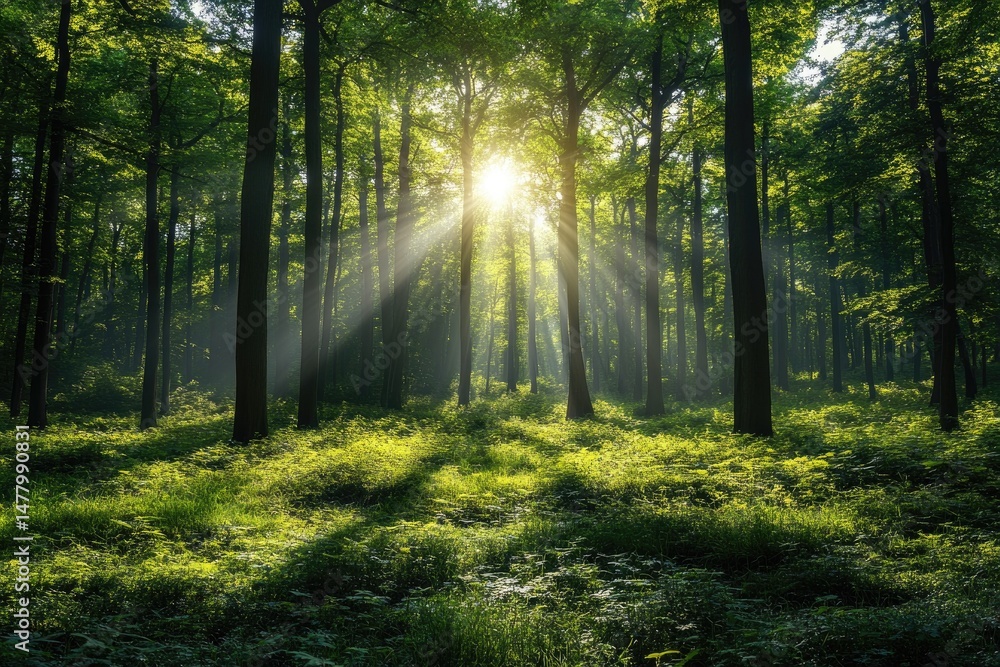 Fototapeta premium Bright sunlight streaming through the canopy of a dense forest