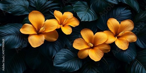Vibrant orange hibiscus flowers on dark tropical leaves