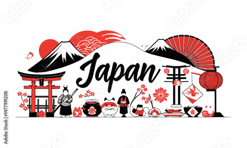 A modern vector-style illustration featuring iconic elements of Japanese culture, easily scalable and editable.