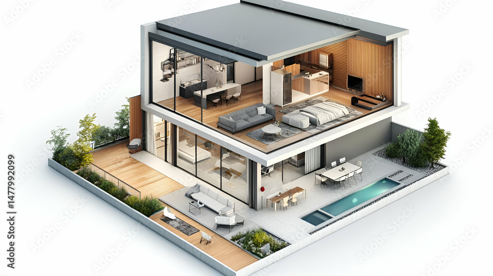 Modern House Isometric 3D Rendering with Pool and Deck