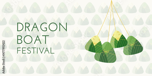 Dragon Boat Festival background with zongzi, rice and pattern light green color. Vector illustration for Duanwu Festival