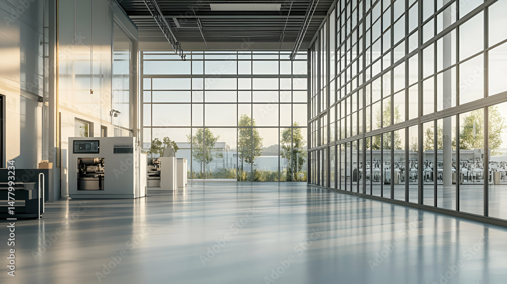 Modern Industrial Building Interior with Large Windows and Sunlight Modern Industrial Building Interior with Large Windows and Sunlight
