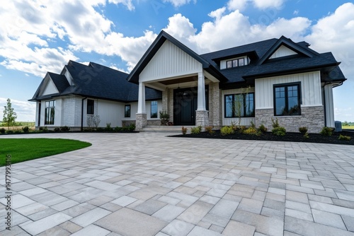 This contemporary luxury residence boasts a stunning driveway and a beautifully landscaped yard, all set against a backdrop of vivid blue skies and fluffy clouds during daylight hours