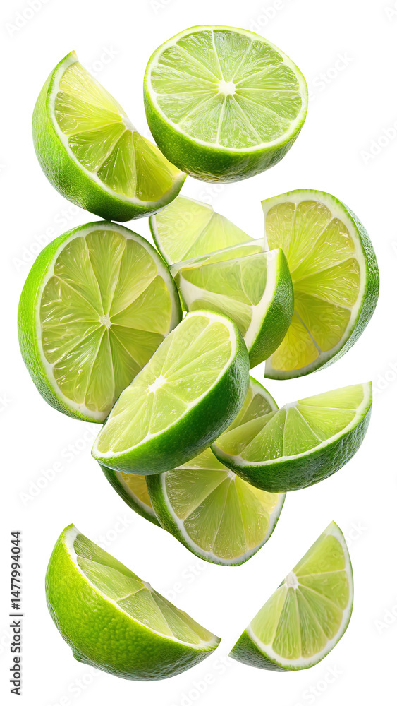 flying lime and half slices isolated on transparent white background, clipping path