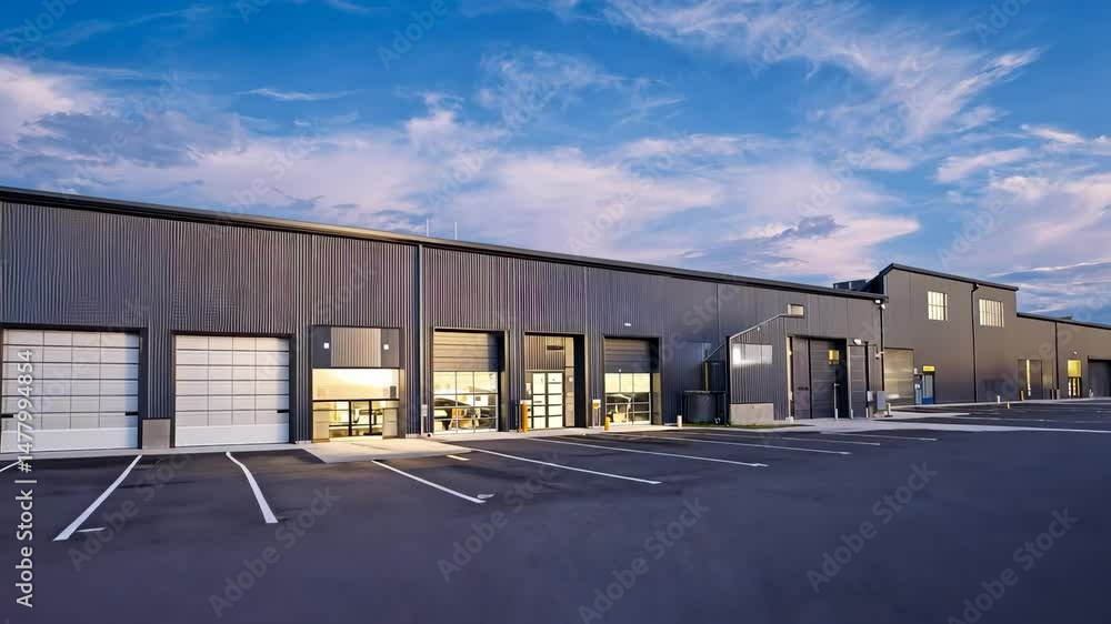 Exterior View of a Large Modern Industrial Building with Loading Docks and Parking Exterior View of a Large Modern Industrial Building with Loading Docks and Parking