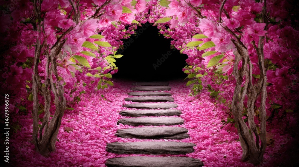 Obraz premium Vibrant floral pathway leading to dark entrance, colorful pink flowers and lush greenery create a mystical atmosphere.