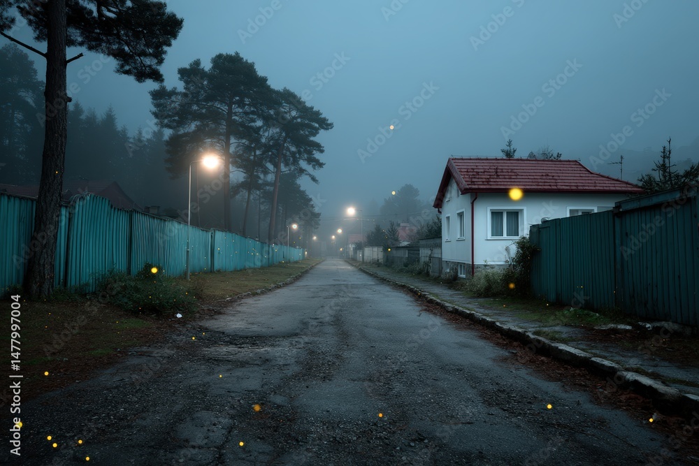 Forest-integrated town homes illuminated by soft lights on a foggy evening Forest-integrated town homes illuminated by soft lights on a foggy evening