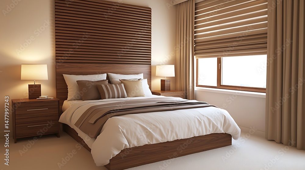 Fototapeta premium Modern bedroom interior with wooden headboard design, soft lighting, and comfortable bedding creating a relaxing atmosphere.