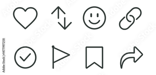 Line style icons of post interaction: like post heart icon, upvote/downvote arrows, reaction emoji badge, reply chain symbol, mark as solution checkmark, report post flag, bookmark thread tag, share