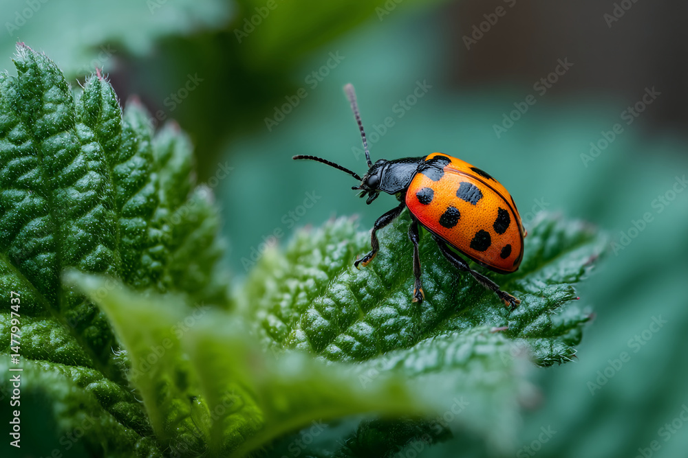 Obraz premium Close-up of orange insect with black spots on green leaf, showcasing vibrant colors and intricate details of nature, representing the beauty of wildlife