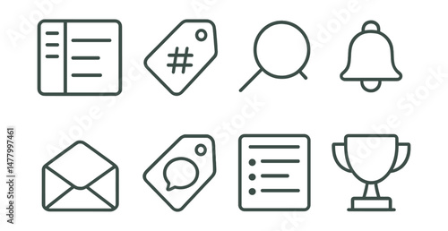 Line style icons of forum navigation: categories sidebar icon, tag filter badge, search bar symbol, notifications bell, user inbox icon, private message tag, recent activity board, top threads trophy