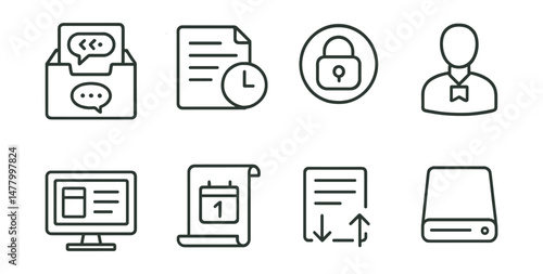 Line style icons of legacy forums and archive tools: thread archive box, old post icon, read-only lock badge, legacy user badge, classic skin icon, date filter scroll, import/export data sheet, forum