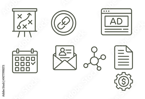 Line style icons of professional blogging: niche strategy board, affiliate link badge, sponsored post tag, media kit file, content calendar icon, guest post envelope, backlink network chart,