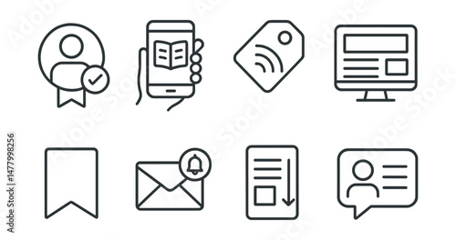 Line style icons of blog readers: returning visitor badge, reading on mobile icon, RSS feed tag, desktop article layout, save for later symbol, email notification badge, scroll depth indicator,