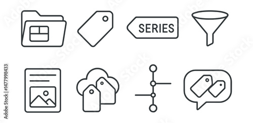 Line style icons of blog categories and tags: category folder icon, tag label badge, series label tag, filter by topic symbol, explore by genre card, popular tag cloud, blog archive timeline,