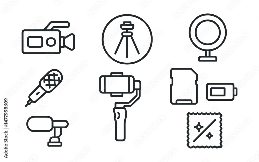 Line style icons of vlogging essentials: video camera icon, tripod setup badge, external mic symbol, ring light tag, handheld gimbal, memory card icon, camera battery level, lens cleaning cloth. Line style icons of vlogging essentials: video camera icon, tripod setup badge, external mic symbol, ring light tag, handheld gimbal, memory card icon, camera battery level, lens cleaning cloth.