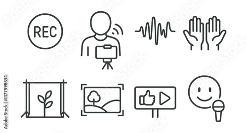 Line style icons of vlogger on-camera elements: record light badge, speaking to camera icon, vlog intro wave, gesture with hands symbol, background setup tag, b-roll scene frame, “like and subscribe”