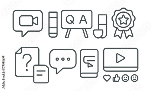 Line style icons of audience interaction: vlog comments bubble, Q&A board icon, poll for topic tag, fan reaction badge, viewer questions file, direct message icon, comment reply thread, emoji row