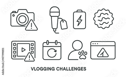 Line style icons of vlogging challenges: camera error warning, mic not recording tag, battery low icon, noisy background badge, lost footage alert, reshoot time block, unexpected guest icon, upload