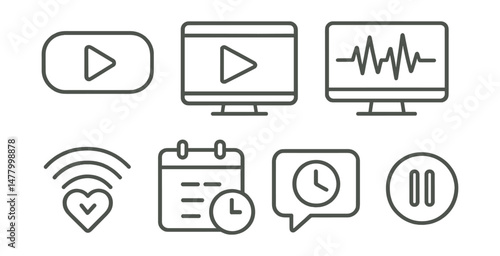 Line style icons of live streaming tools: “go live” button, stream preview window, bitrate monitor icon, chat overlay tag, stream health indicator, stream schedule board, countdown timer bubble,