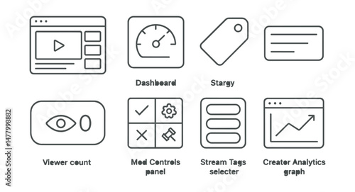 Line style icons of streaming platforms: stream page layout, dashboard icon, stream category tag, stream title input, viewer count screen, mod controls panel, stream tags selector, creator analytics