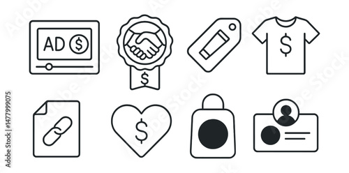 Line style icons of vlog monetization: ad revenue icon, sponsorship deal badge, product mention tag, merch plug symbol, affiliate link sheet, donation heart icon, member exclusive icon, monetized