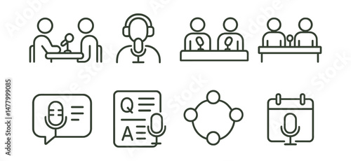 Line style icons of podcast formats: interview format icon, solo monologue badge, co-host table tag, panel discussion layout, narrative storytelling bubble, Q&A episode card, roundtable format icon,