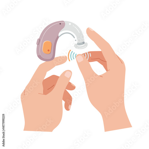Hand adjusting hearing aid with fingers in a minimalistic style  