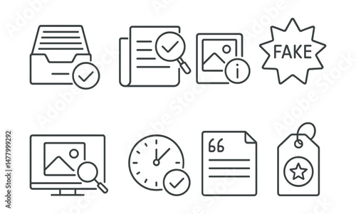 Line style icons of news verification tools: fact-check database, source cross-check icon, image metadata file, fake news alert badge, reverse image search, timestamp match, quote log sheet, accuracy