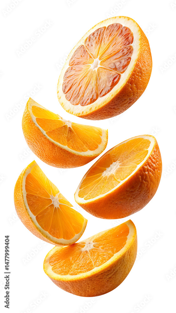 flying orange and half slices isolated on transparent background Remove png, Clipping Path
