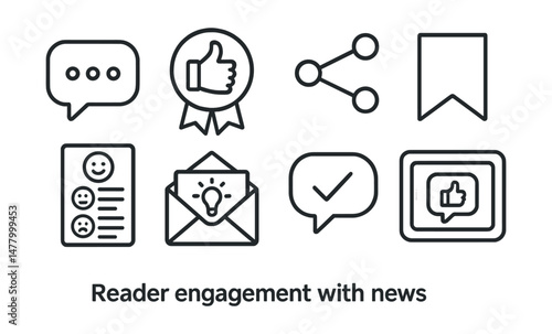 Line style icons of reader engagement with news: comment section icon, like article badge, share to network symbol, save to read later tag, feedback form icon, send a tip envelope, reader survey