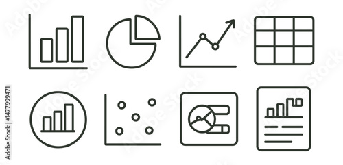 Line style icons of data analytics basics: bar chart icon, pie chart slice, line graph trend, data table grid, histogram badge, scatter plot symbol, KPI dashboard, analytics report sheet.