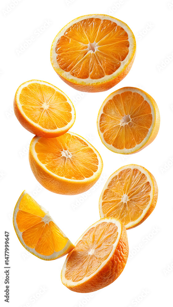 Fototapeta premium flying orange and half slices isolated on transparent background Remove png, Clipping Path