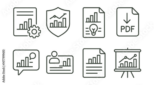 Line style icons of reporting and presentation: report builder icon, data slide badge, insights summary sheet, PDF export symbol, chart annotations bubble, presenter mode tag, weekly report file,